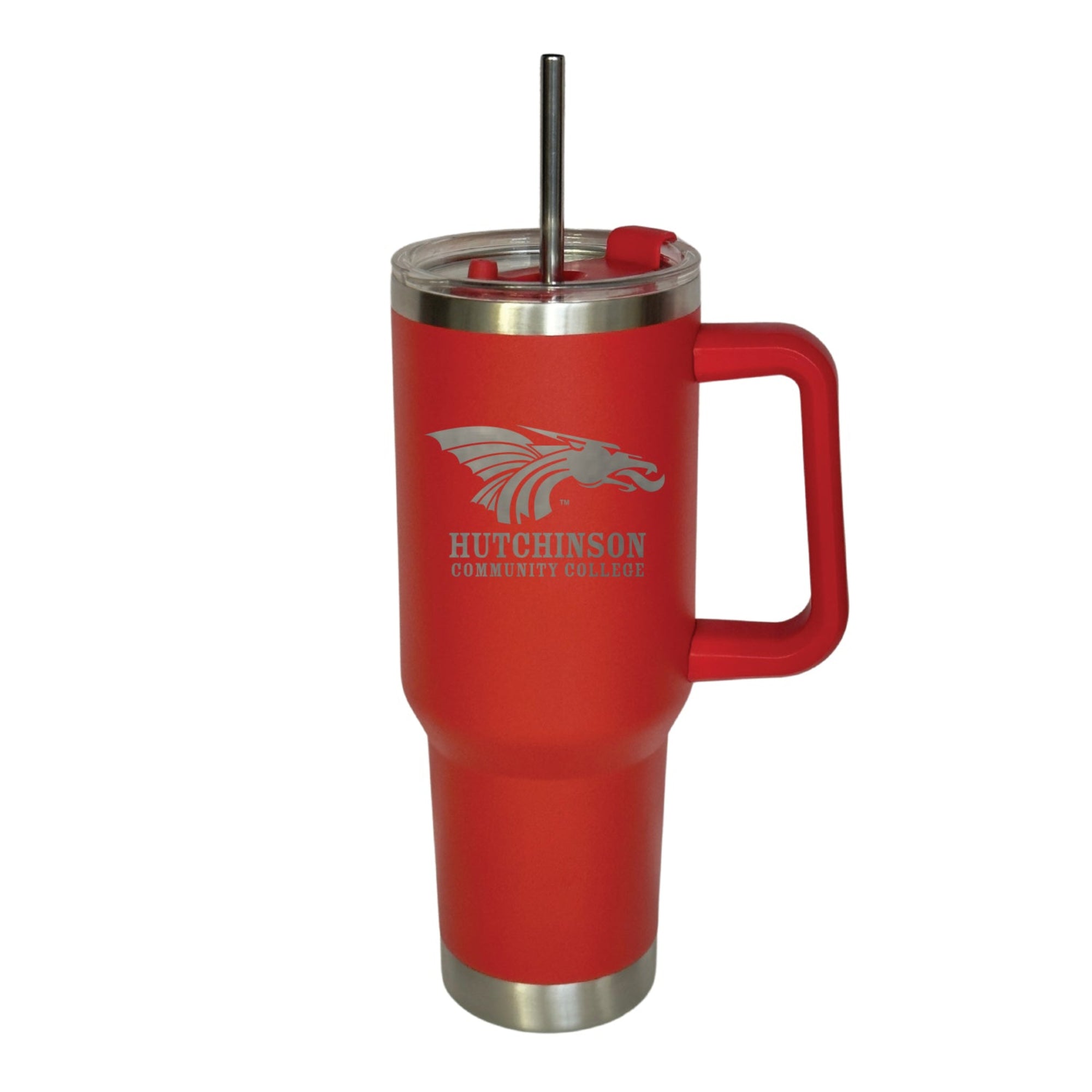 Red travel mug with handle and straw on a white background
