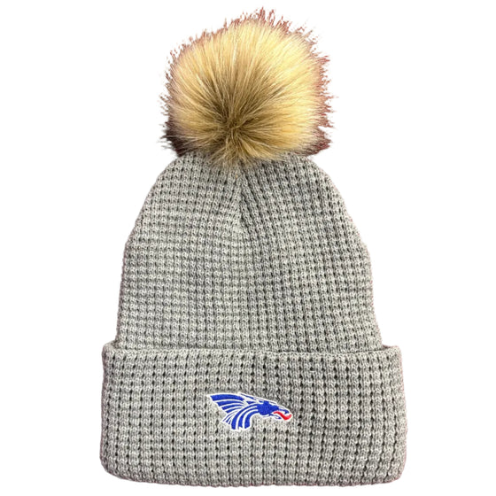 Power Dragon Gray Knit Lined Stocking Cap with Tan Fur Pom