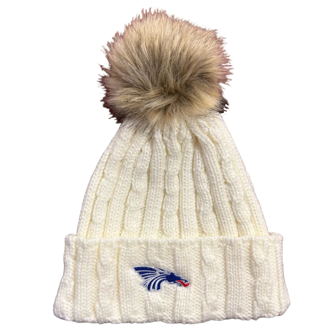 Power Dragon Sweater Knit Beanie with Tan Fur Pom- Cream