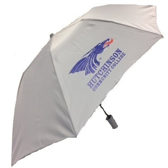 42" Coverage deluxe solid folding umbrella with push button action. The royal blue decal says Hutchinson Community College and includes a Power Dragon