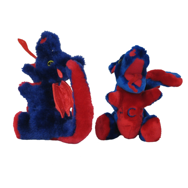 Stuffed dragons in royal blue and red fabric